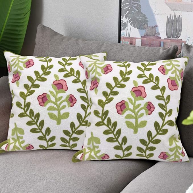 Alysheer Floral Embroidered Summer Decorative Throw Pillow Covers 18"x 18" Set of 2, Farmhouse Cottage Pink Flowers Green Leaves Knit Pattern Cotton Canvas Cushion Case for Sofa Couch Bed Living Room-Ruum Studio Home