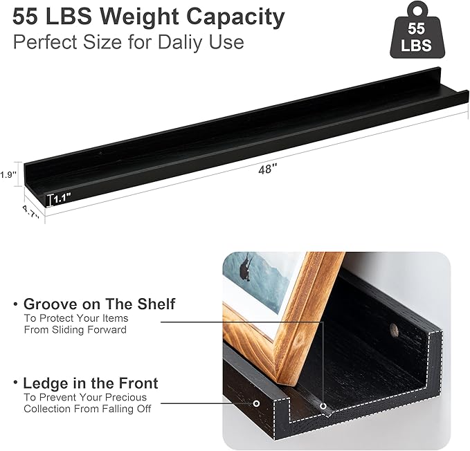 Floating Picture Ledge Shelves 48 Inch Solid Oak Wood Set of 2, Rustic Wall Storage Shelves with Lip, Kids Bookshelf, Photo & Picture Ledge Shelves for Bedroom, Living Room, Kitchen-Ruum Studio Home