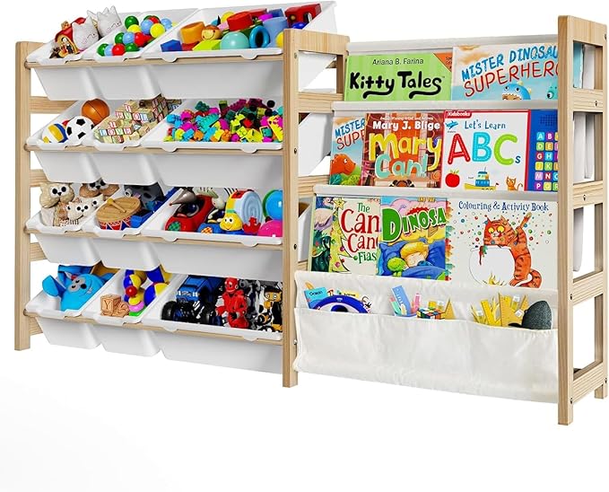 Large Toy Storage Organizer with Bookshelf, Toy Organizers and Storage with 12 Storage Bins, 4 Tier Multipurpose Toys Organizer Storage for Kids Room, Playroom, Nursery Room, White-Ruum Studio Home