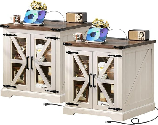 24" End Table Set of 2 with Charging Station, Farmhouse Night Stand with Glass Barn Door, Nightstands with Adjustable Storage Shelf, Large Wood Square Bed Side Table for Living Room,Bedroom-Ruum Studio Home