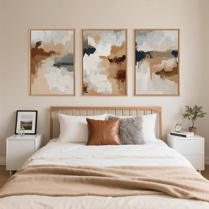 LHIUEM Large Abstract Brown Grey Framed Canvas Wall Art,Neutral Brush Stroke Pastel Wall Decor,Modern Color Block Wall Painting,Minimalist Artwork for Living Room,Bedroom,Dining Room,Office -16"x24"x3-Ruum Studio Home