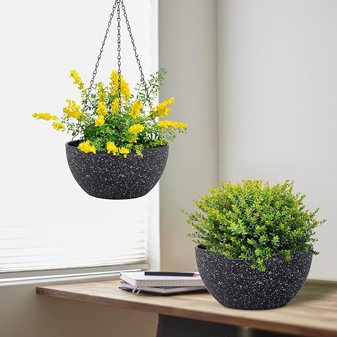 10 inch Hanging Planters for Indoor Outdoor Plants, 2 Pack Hanging Flower Plant Pots with Drainage Holes and Chain for Garden Porch, Plastic Hanging Baskets for House Plants, Speckled Black-Ruum Studio Home