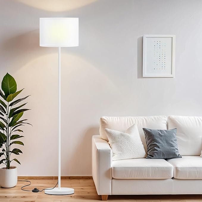 Ambimall 60'' Modern Floor Lamp with Shade, Tall Lamps for Living Room, Bedroom, Office, Dining Room, White Shade with White Pole(Without Bulb)-Ruum Studio Home