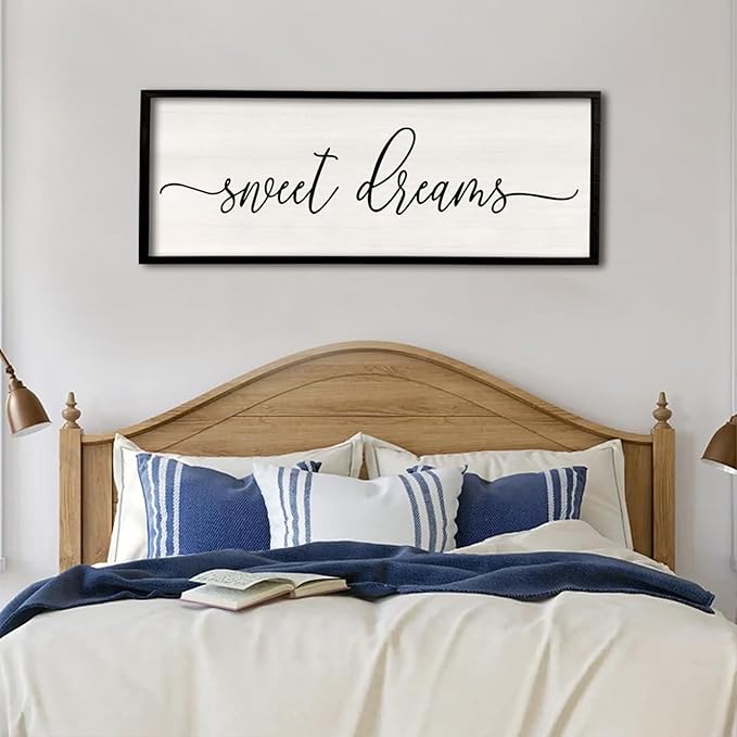 Sweet Dreams Wall Decor Above Bed 40''×15'' Master Bedroom Large Sweet Dreams Sign Farmhouse Wall Decor Guest Room Wood Rustic Framed Over Bed Wall Art Hanging Decoration (Black)-Ruum Studio Home