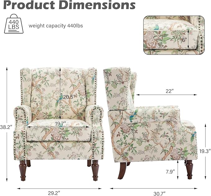 UIXE High Back Floral Accent Chair, Upholstered Armchair in Fabric for Living Room, Retro Printed Wingback Arm Chair Comfy Single Sofa Bedroom Reading Seat with Solid Wood Legs - Bird Pattern-Ruum Studio Home