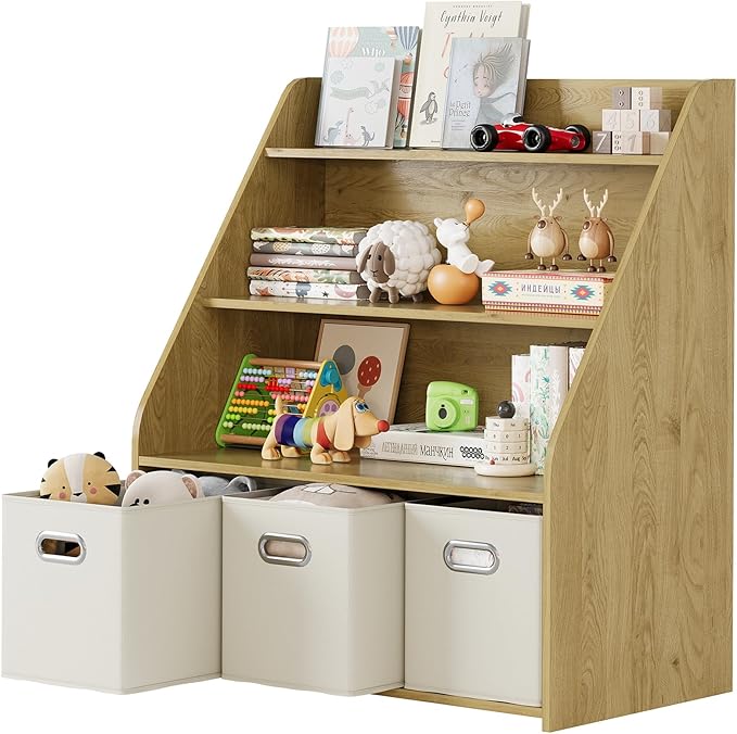 Kids Bookshelf and Toy Organizer, 3-Tier Toy Storage Organizer with 3 Movable Drawers, Montessori Toy Shelf, Nursery Book Shelves Toddler Bookshelf for Kids Room Living Room Nursery-Ruum Studio Home