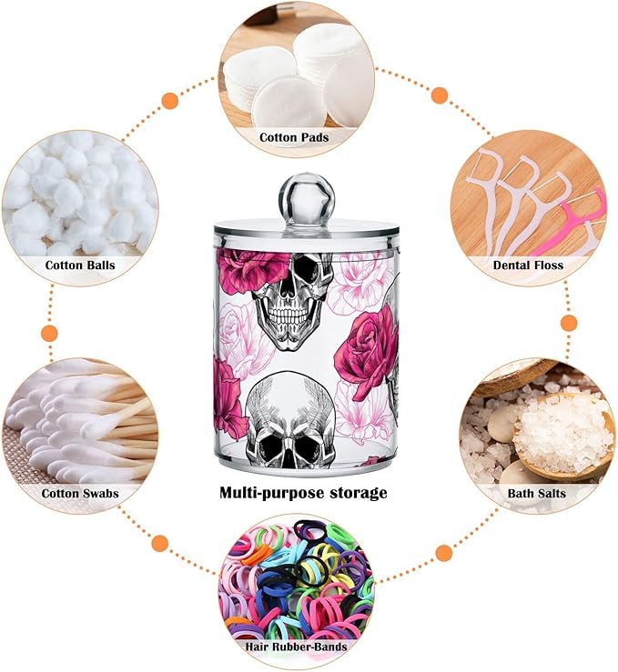 2 Pack Qtip Holder Dispenser Skull Rose Flower Bathroom Storage Canister Lid Acrylic Plastic Apothecary Jar Set Vanity Makeup Organizer for Cotton Swab/Ball/Round Pads, Floss-Ruum Studio Home