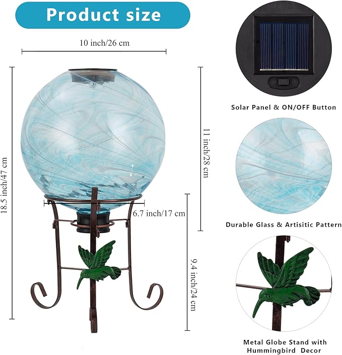 10 Inch Solar Glass Gazing Ball, with 9.4" Tall Metal Gazing Globe Stand, Solar Ball Lights Display Holder Set for Outdoor Garden Lawn Yard Decoration, Blue Water Ripple-Ruum Studio Home
