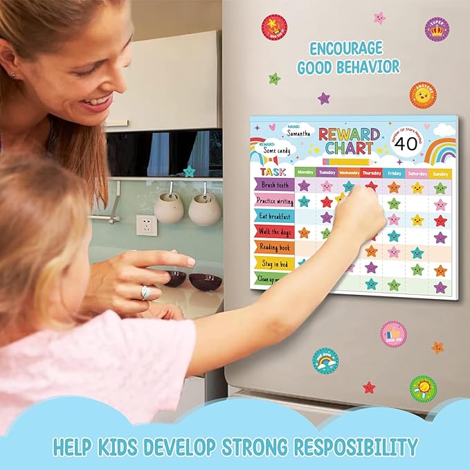 Reward Chart for Kids,Magnetic Behavior Chore Chart for Kids at Home,26 Rainbow Blue Chore Charts,1960 Star Stickers,56 Reward Stickers,Incentive Chore Chart to Develop Responsibility and Good Habits-Ruum Studio Home