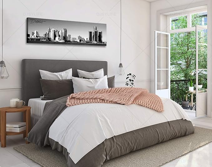 DJSYLIFE Detroit Skyline Wall Art Black and White Canvas Prints USA Skyscraper Panoramic Cityscape Picture for Bedroom Office Home Decoration Ready to Hang 13.8" x 47.3"-Ruum Studio Home