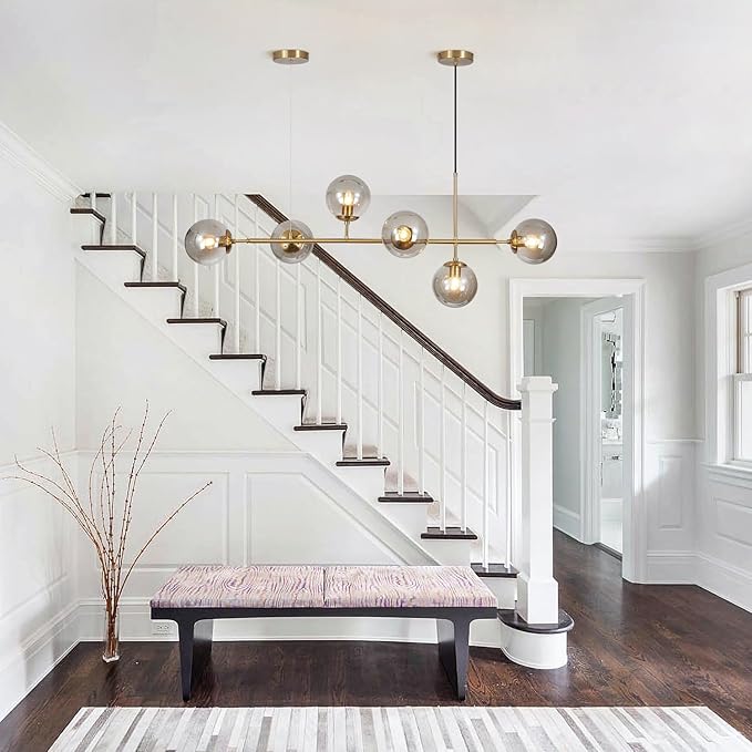 KCO Lighting 6-Light Modern Globe Sputnik Chandelier Brass Gold Linear Pendant Chandelier Lighting Smoke Glass Dining Room Chandelier Mid Century Sputnik Island Lights for Kitchen Living Room-Ruum Studio Home