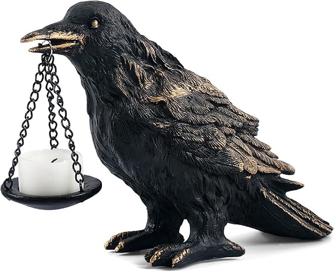 Raven Gothic Home Decor Fake Crow Light Holder Raven Lamp Tealight Candle Holder Resin Raven Statue Wearing Gold-Ruum Studio Home