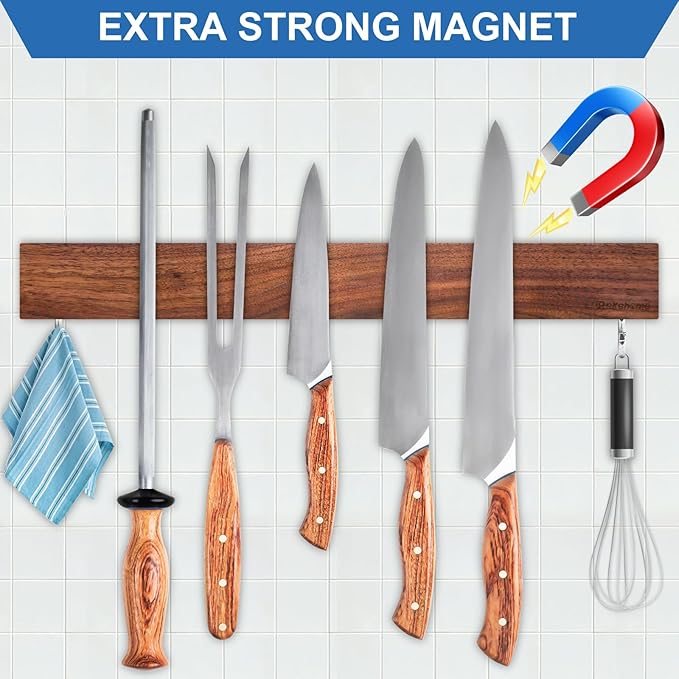 Magnetic Knife Holder for Wall, Magnetic Knife Strip No Drilling 16 Inch, Walnut Wood Magnet knife holder strip with 2 Hooks, Powerful Magnet Knife rack for Kitchen Utensils, Knives and Tools-Ruum Studio Home