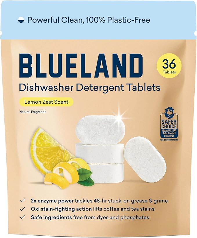 BLUELAND 100% Plastic-Free Dishwasher Detergent Tablets, 36 Count, Lemon Zest Scent, Eco Friendly Dishwashing Pods, Natural, Sustainable-Ruum Studio Home