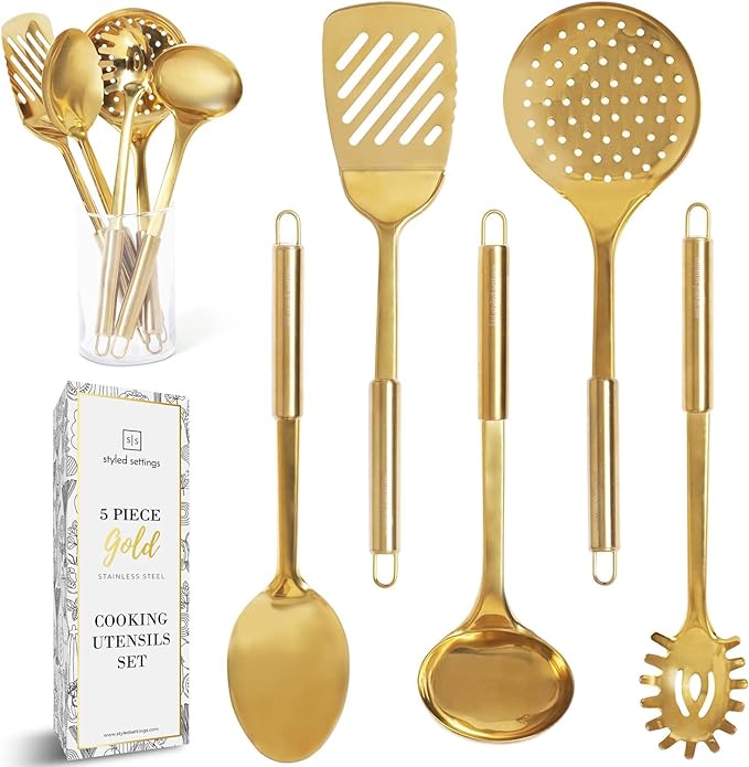 Gold Cooking Utensils Set – 5-Piece Stainless Steel Kitchen Tools for Modern Cooking and Serving – Dishwasher Safe Ladle, Spoon, Spatula, Pasta Fork, Luxury Brass Kitchen Accessories for Home Chefs-Ruum Studio Home