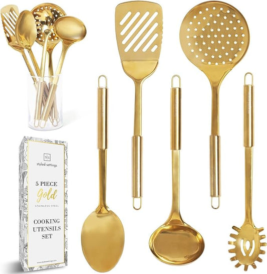 Gold Cooking Utensils Set – 5-Piece Stainless Steel Kitchen Tools for Modern Cooking and Serving – Dishwasher Safe Ladle, Spoon, Spatula, Pasta Fork, Luxury Brass Kitchen Accessories for Home Chefs-Ruum Studio Home