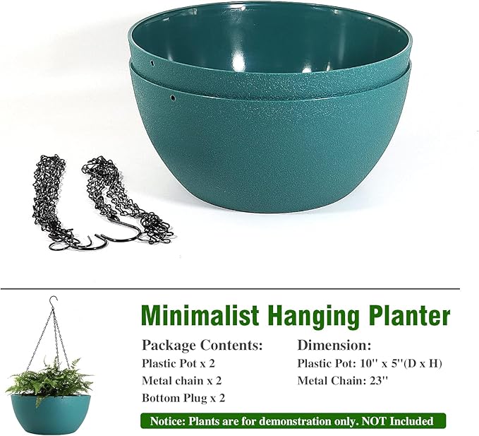 10 inch Hanging Planters for Outdoor Indoor Plants with Drainage Holes and Chain, 2 Pack Round Hanging Flower Pots for Garden Home Porch Decor, Blue Green-Ruum Studio Home