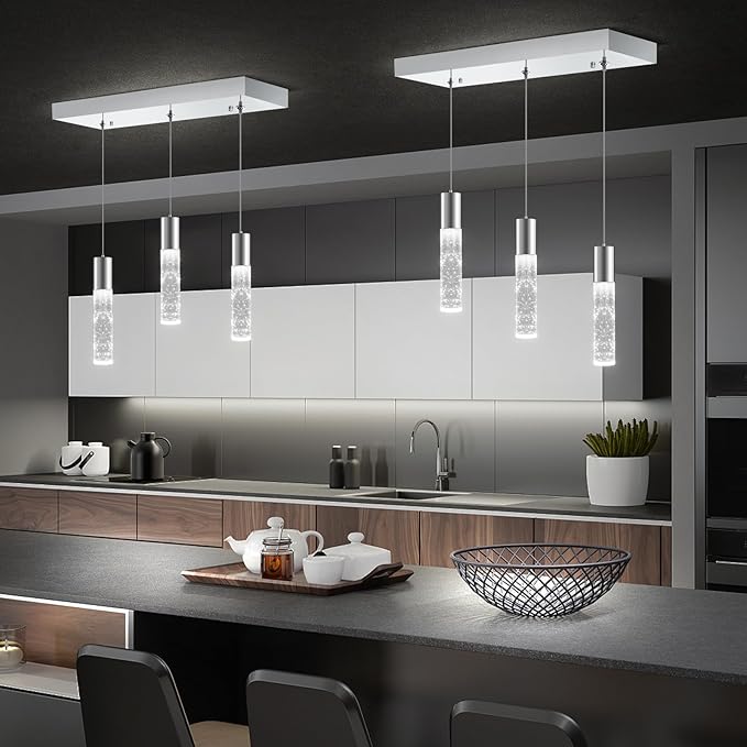 OKELI 3-Light Dimmable LED Pendant Lighting for Kitchen Island, 18W 1350LM Modern Crystal Bubble Island Light Fixture, 6000K Cool White, Adjustable Electro-Chrome Fixture, Easy Install, Square-Ruum Studio Home