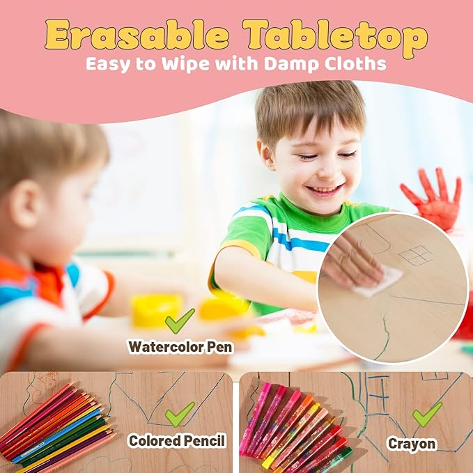 FUNLIO Kids Table and 4 Chairs Set for Ages 3-8, Height Adjustable Toddler Table and Chair Set, Easy to Wipe Arts & Crafts Table, for Classrooms/Daycares/Homes, CPC & CE Approved (5 pcs Set) - Pink-Ruum Studio Home