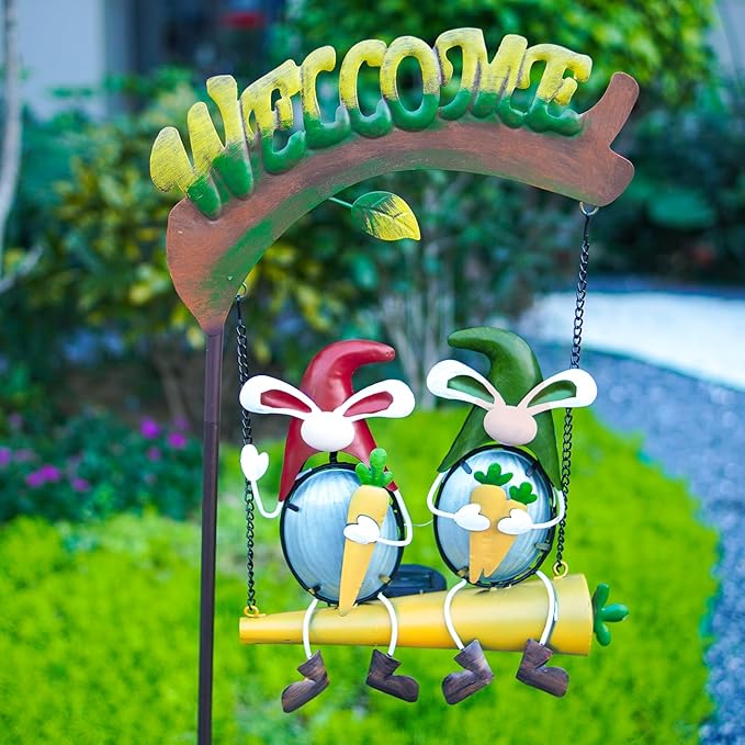 HONGLAND Solar Lights Outdoor Decor, Gnomes Swing Garden Decor, Funny Gardening Gifts for Women Mom, Gnome Outdoor Decorations with Welcome Sign for Front Porch Patio-Ruum Studio Home