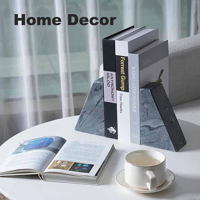 Marble Bookends for Heavy Books, Decorative Book Ends for Shelves, Unique and Heavy-Duty Book Ends for Hardback Book & CDS, Stone Book Stopper, Modern Book Holder, Monte Grigi, Set of 2-Ruum Studio Home