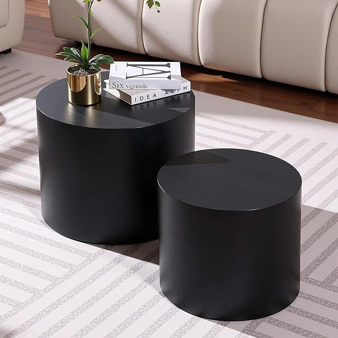 Nesting Coffee Table Set of 2, Modern Round Coffee Table with Non-Slip Feet, Wooden Circle Accent Tables for Small Spaces Living Room Bedroom Balcony Office Drum Side Table (Black)-Ruum Studio Home
