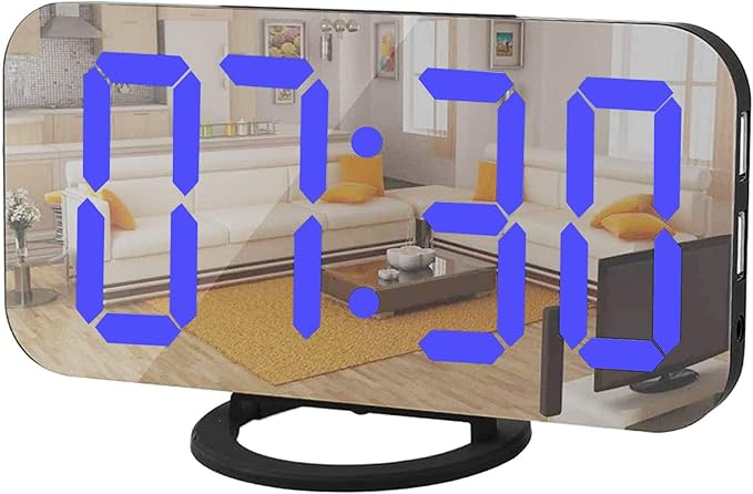 Digital Alarm Clock,Mirror Surface LED Electronic Clocks,with USB Charger,Snooze Model, Auto/Custom Brightness,for Office Table Bedroom Nightstand(Black-Blue)-Ruum Studio Home