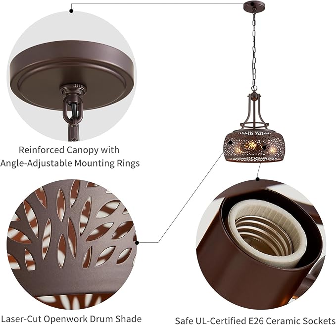 WUZUPS Chandelier Rustic Farmhouse Industrial Round Ceiling Pendant LED Light Fixture with Later-Cut Openwork Drum Shade, H 15.7" x W 13.4", Oil Rubbed Bronze-Ruum Studio Home