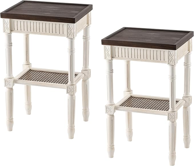 Rustic Farmhouse Cottagecore Accent End Table Set of 2, Distressed Accent Side Table with Espresso Tray Top and Woven Wicker Shelf, Boho, French Country Decor, Square, Weathered Brown & White-Ruum Studio Home