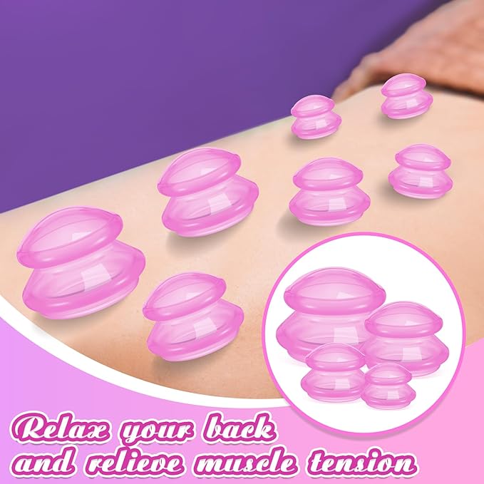 Nuanchu 8 Pcs 4 Sizes Cupping Therapy Set with Satin Bag Silicone Massage Cups Professional Cupping Therapy Vacuum Cup for Cellulite Joint Pain Muscle Pain(Clear Hot Pink)-Ruum Studio Home