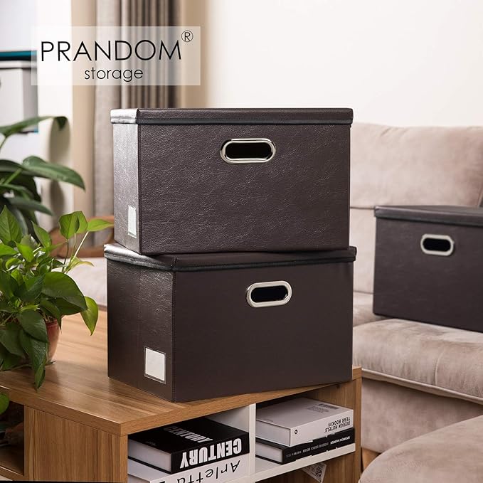 PRANDOM Collapsible Storage Bins with Lids [3-Pack] Leather Fabric Foldable Storage Boxes Organizer Containers Baskets Cube with Cover for Bedroom Closet Office Nursery Brown (14.9x10.8x10)-Ruum Studio Home