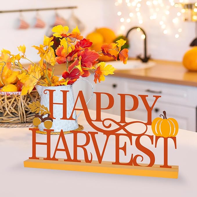 COCHIE Metal Happy Harvest Sign, Orange Fall Decorations for Home, Office, Shelf, Mantel, Indoor, Autumn Pumpkin Decoration, Hello Fall Leave Decor (Harvest)-Ruum Studio Home