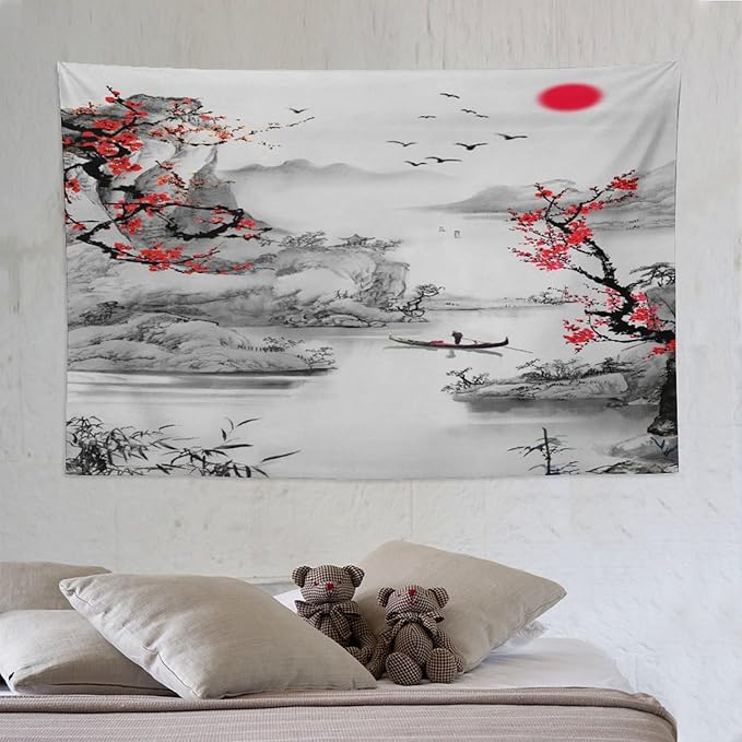 Cherry Blossoms Tapestry, Japanese Red Landscape Watercolor Abstract Art, Asian Japanese Wall Tapestry, Nature Landscape Tapestries for Bedroom Living Room Decor 90"x60"-Ruum Studio Home