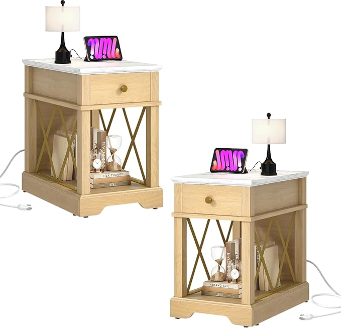 YITAHOME Farmhouse End Table Set of 2, Side Table with Power Outlets, Nightstand with Drawer and Open Storage, Rustic End Table for Living Room, Sleeping Room, Natural Walnut-Ruum Studio Home