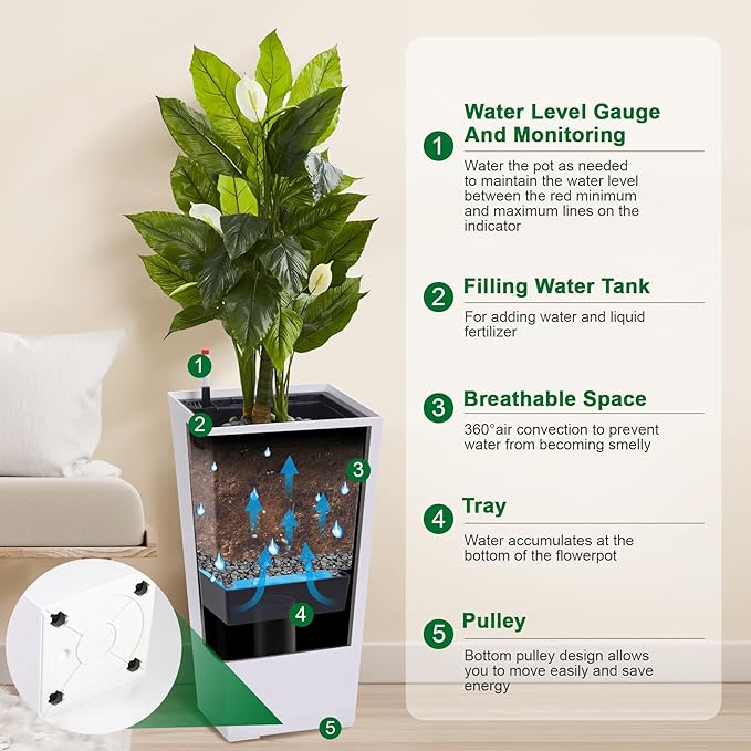 30" Tall Planters Set of 2, Outdoor＆Indoor Black Planter Pots, High Front Porch Planter Pots with Drainage Holes＆Water Level Monitor Movable Wheels ＆Inner Bucket, Automatic Watering, White-Ruum Studio Home