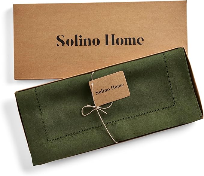 Solino Home Linen Olive Table Runner 72 Inches Long - 100% Pure Linen Hemstitch Table Runner 14 x 72 Inch for Dresser, Dining, Fall, Autumn, Thanksgiving - Classic Hemstitch-Ruum Studio Home
