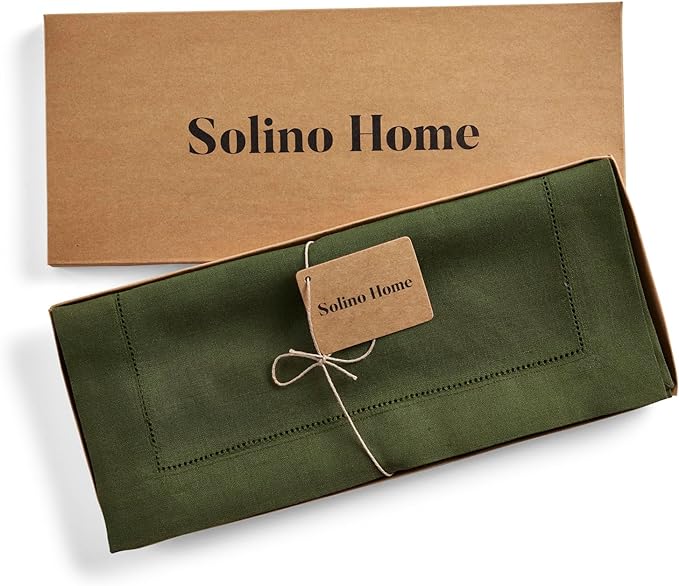 Solino Home Linen Table Runner 36 Inches - 100% Pure Linen Olive Hemstitch Table Runner 14 x 36 Inch Ideal for Dresser and Coffee Tables - Classic Hemstitch - Thanksgiving-Ruum Studio Home