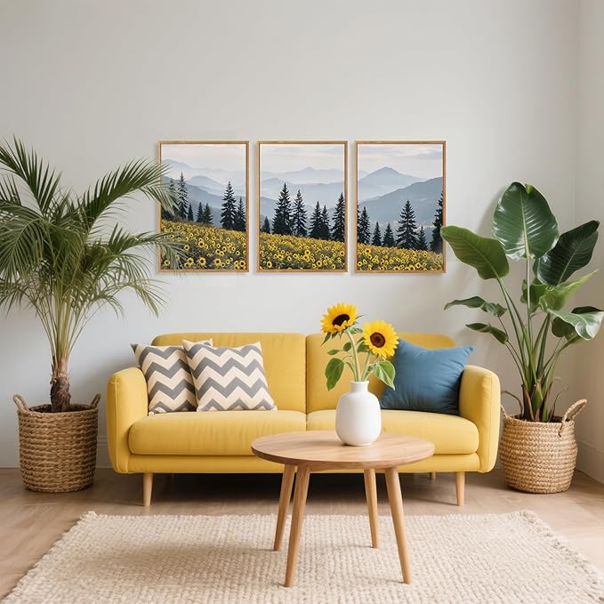 HPINUB Boho Sunflowers Landscape Framed Canvas Wall Art Set,Nature Pine Tree Wall Decor,Abstract Flowers Artwork Rustic Mountain Misty Forest Art Print for Living Room,Bedroom,Office-16 x24 x3-Ruum Studio Home