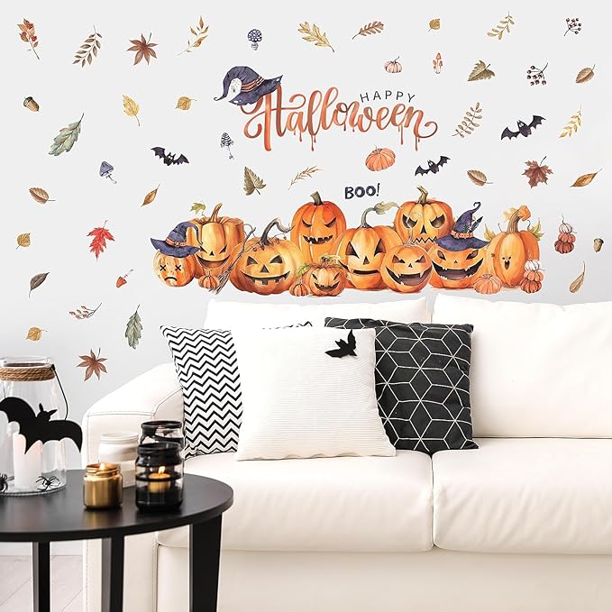 clothmile 38.18 x 36.15 Inch Halloween Wall Decals Halloween Pumpkins Bat Leaves Wall Stickers Removable Halloween Peel and Stick Sticker for Halloween Party Supplies Home Window Decor-Ruum Studio Home
