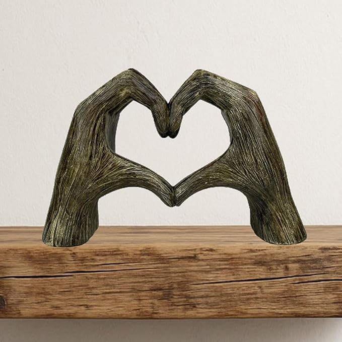 Top Brass Large Rustic Heart Hands Sculpture, 9 3/4” Resin Love Statue – Romantic Decor Accent for Shelf or Mantel – Perfect for Wedding, Valentine's Day or Anniversary (Rustic Wood Grain)-Ruum Studio Home