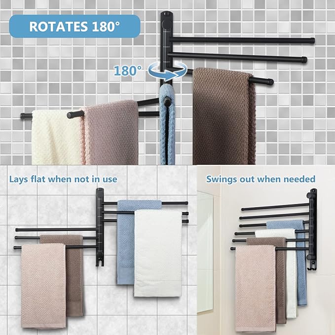 Space Saving Towel Rack JSVER Black Space Saving Towel Holder, Towel Rack Wall Mounted, Swivel Hand Towel Holder, 6-Arms Towel Bar, Towel Racks for Bathroom-Ruum Studio Home