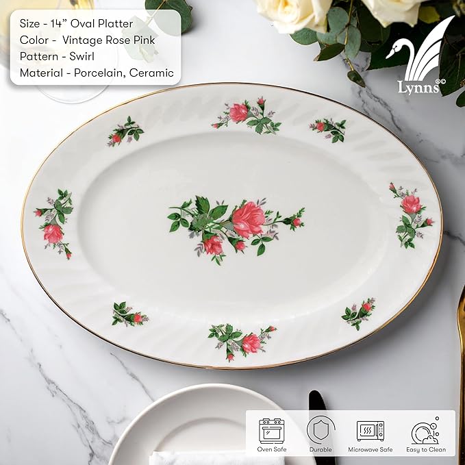 Lynns Paradise Vintage Rose 14-Inch Oval Platter, Set of 2, Pink; Heavy Duty; Chip Resistant; Lead and Cadmium Free; Freezer to Oven Safe up to 500°F-Ruum Studio Home