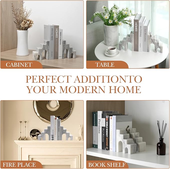 Natural Marble Book Ends for Shelves, Decorative Bookends for Heavy Books, CastleGuard Bookend Book Holder Stopper for Home Office Desk Bookshelf Decoration, Set of 2 (Mist Grey)-Ruum Studio Home