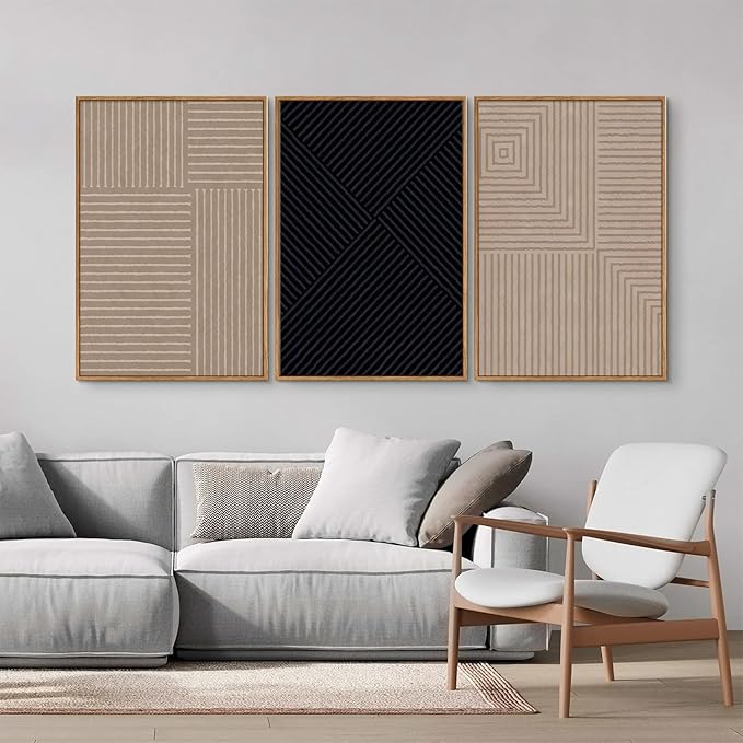 Tinonedraw Mid Century Modern Framed Canvas Wall Art Set of 3, Neutral Abstract Art Prints, Black and Brown Geometric Minimalist Wall Decor for Living Room Bedroom Office Dining Room 16"x24"x3-Ruum Studio Home