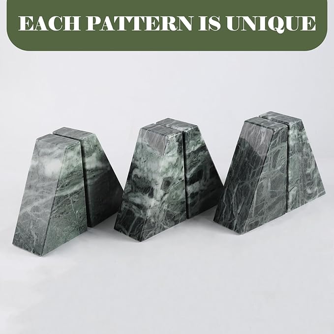 Marble Bookends for Heavy Books, Decorative Bookends for Shelves, Green Stone Book Ends, Heavy-Duty Book Ends for Hardback Book & Cookbooks, Unique Book Stopper & Holder, Set of 2-Ruum Studio Home