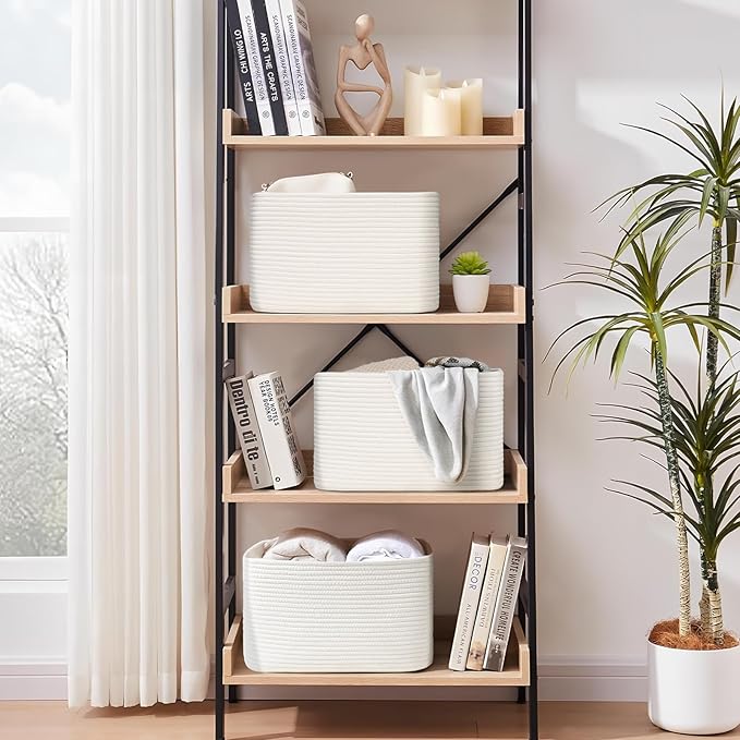 3-Pack Shelf Baskets for Organizing, Woven Storage Basket for Shelves, Cotton Rope Storage Bins for Toys Books, Nursery Towel Baskets for Classroom, 14.96"X9.8"X8.85", White-Ruum Studio Home