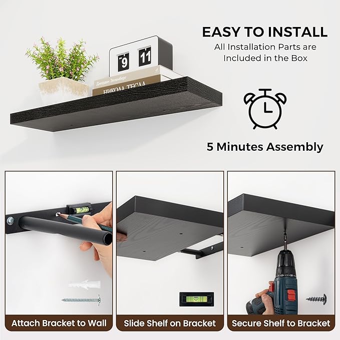 36 inch Floating Shelves Wall Shelves for Office with Invisible Brackets, 8 inch Deep Shelves for Bathroom, Living Room, Kitchen, Office, 36x7.9 inch deep Set of 2, Black-Ruum Studio Home