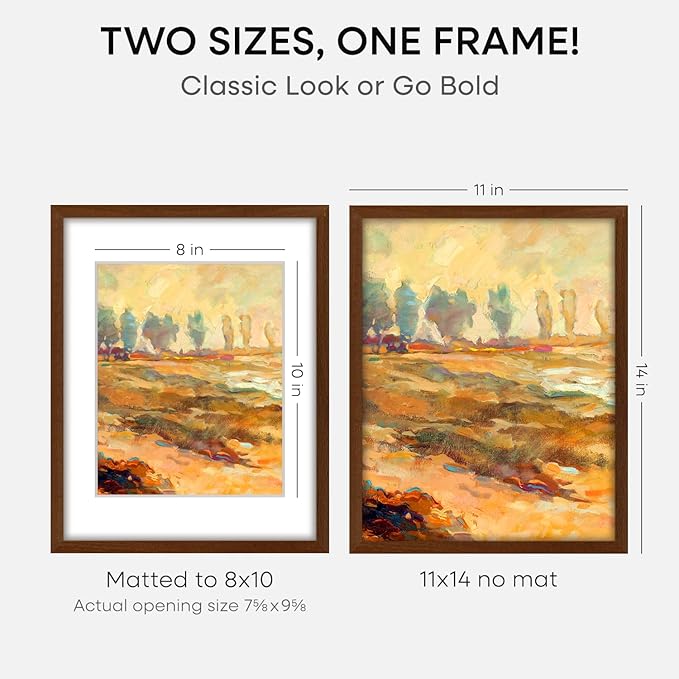 Homeforia 11x14 Brown Picture Frame, High End Dark Oak 11x14 Walnut Poster Frame with Mat 8x10, 11 x 14 Wooden Frame Matted to 8 by 10 inch Photo, 14x11 Thin Frames, Tempered Glass, Wall Kit, Set of 1-Ruum Studio Home
