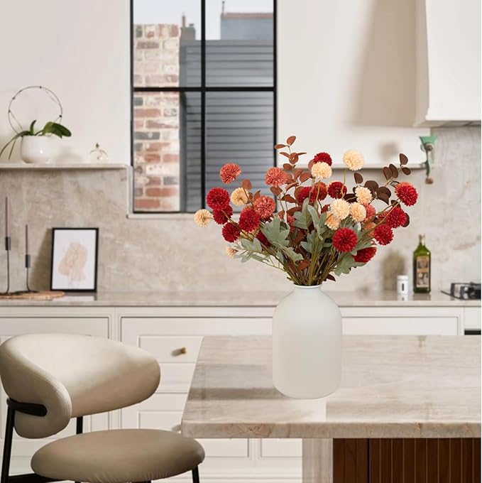 Fall Flowers, Burnt Orange Faux Kiku Flowers Artificial 10 Stems + Eucalyptus, Fake Silk Mums Fall Floral Centerpiece, Autumn Decor, Terracotta Mini Balls Faux Stems For Vase, Decoración de Otoño-Ruum Studio Home
