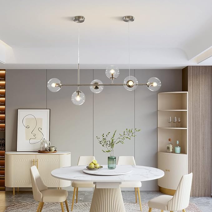 KCO Lighting 6 Light Bubble Glass Pendant Light Mid Century Modern Globe Sputnik Chandelier Linear Chandelier Lighting Brushed Nickel Hanging Light Fixture for Kitchen Island Dining Room-Ruum Studio Home